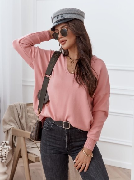 Klasyczny sweter w serek Cocomore Lucy różowy