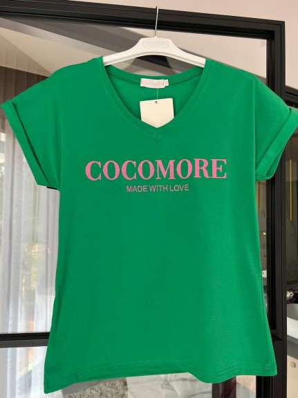 Zielony t-shirt damski z różowym haftem Cocomore