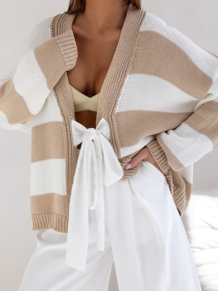 Sweter damski w paski kardigan z wiązaniem Cocomore