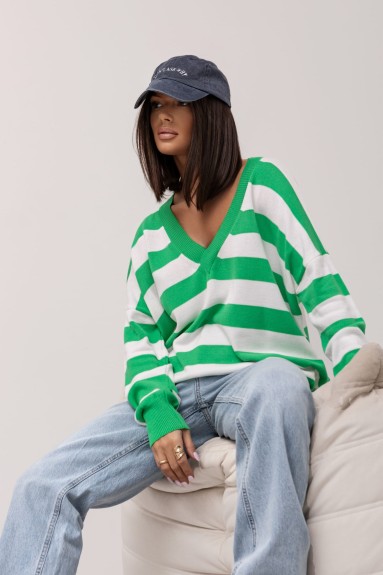 Sweter w serek w paski Cocomore Stories zielony