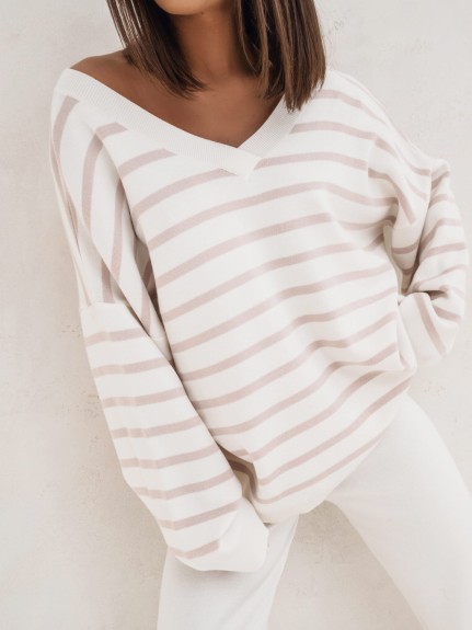 Sweter damski w serek w paski z wiskozy Cocomore