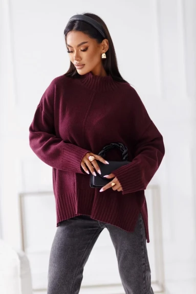 Damski sweter z wełny z półgolfem Madame Sue śliwkowy