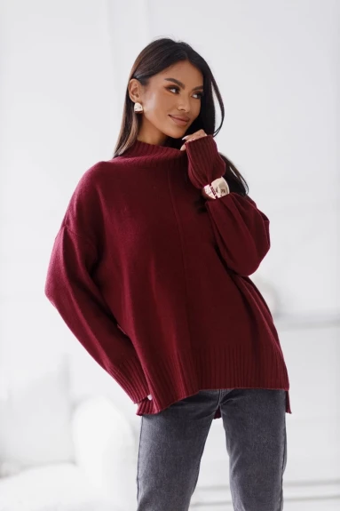 Damski sweter z wełny z półgolfem Madame Sue bordowy