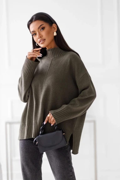 Damski sweter z wełny z półgolfem Madame Sue khaki