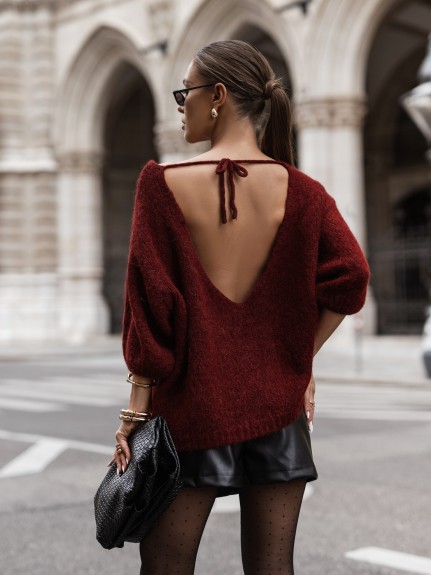Bordowy sweter z z alpaki suri z odkrytymi plecami i wiązaniem – oversize premium