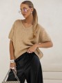 Beżowy sweter z dodatkiem moheru z krótkim rękawem oversize Cocomore