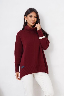 Damski sweter z wełny z golfem Madame Sue bordowy
