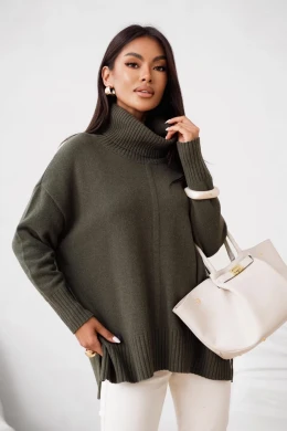 Damski sweter z wełny z golfem Madame Sue khaki