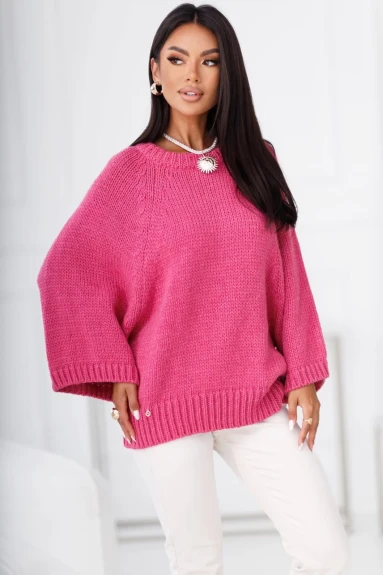 Sweter damski wełna, alpaka różowy premium z szerokimi rękawami