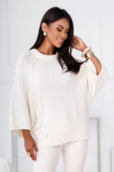 Sweter damski wełna, alpaka ecru premium z szerokimi rękawami