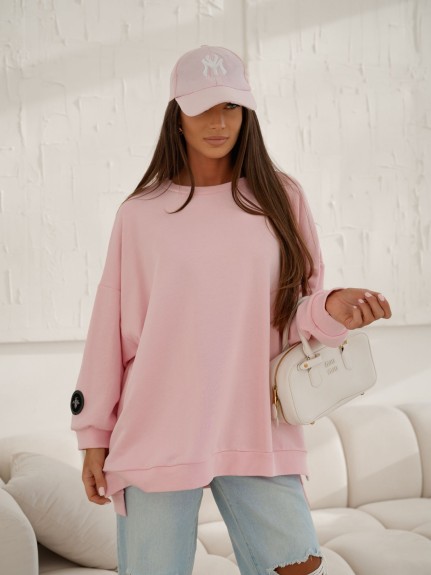 Bluza damska oversize Me Gusta jasnoróżowa – bawełniana, z naszywką muchy