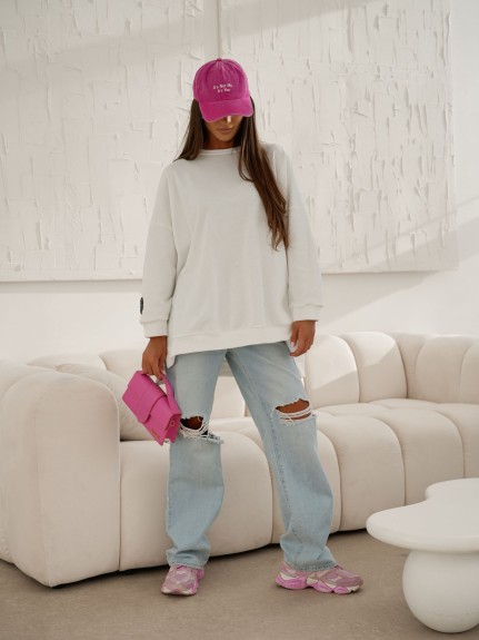 Bluza damska oversize Me Gusta biała – bawełniana, z naszywką muchy