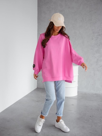 Bluza damska oversize Me Gusta różowa – bawełniana, z naszywką muchy