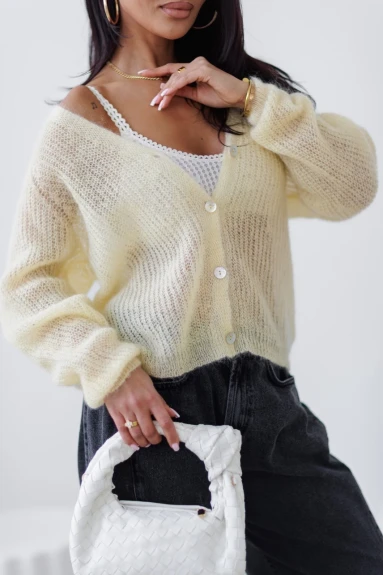 Sweter kardigan damski premium z kid moheru i wełny merino Palermo żółty