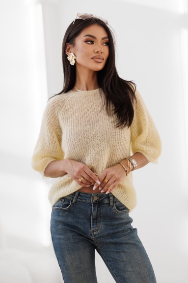 Lekki sweter damski z kid moheru i wełny merino Mellow żółty