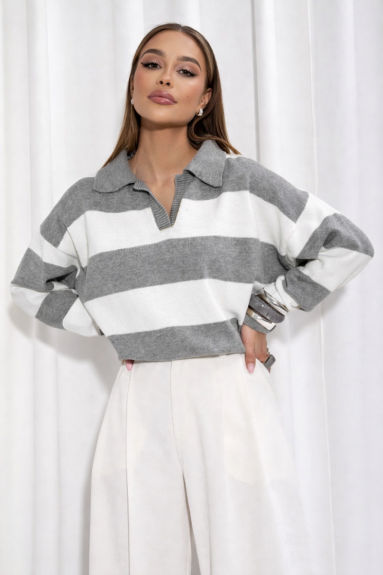 Sweter damski w paski z kołnierzykiem Cocomore szary