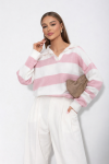 Sweter damski w paski z kołnierzykiem Cocomore jasnoróżowy