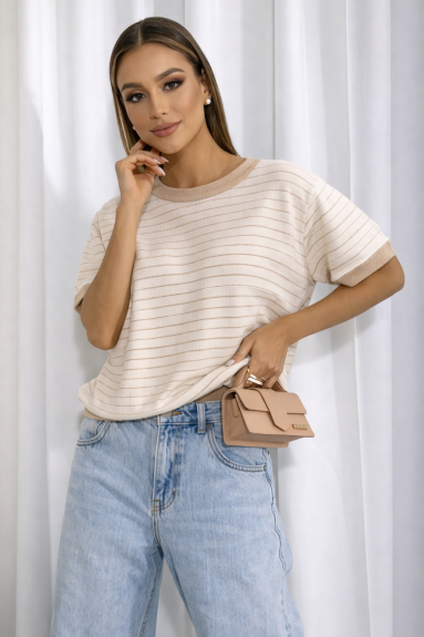 Sweter damski z krótkim rękawem w paski Cocomore beżowy
