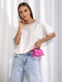 Sweter damski z krótkim rękawem w paski Cocomore pudrowy