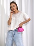 Sweter damski z krótkim rękawem w paski Cocomore pudrowy