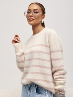 Wiosenny sweter damski w paski z alpaki suri Yarn śmietankowy