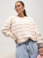 Wiosenny sweter damski w paski z alpaki suri Yarn śmietankowy