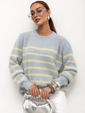 Wiosenny sweter damski w paski z alpaki suri Yarn błękitny
