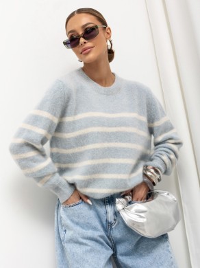 Wiosenny sweter damski w białe paski z alpaki suri Yarn błękitny