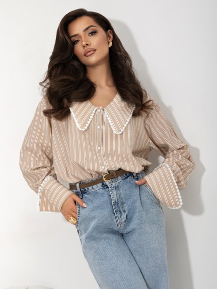 Koszula damska w paski z kołnierzykiem Cocomore beżowa