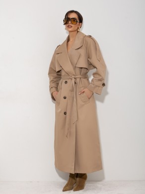 Karmelowy długi trencz damski z paskiem elegancki płaszcz Cocomore 