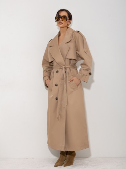 Karmelowy długi trencz damski z paskiem elegancki płaszcz Cocomore 