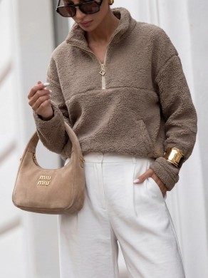 Bluza damska baranek misiu na zamek półgolf oversize Cocomore beżowa