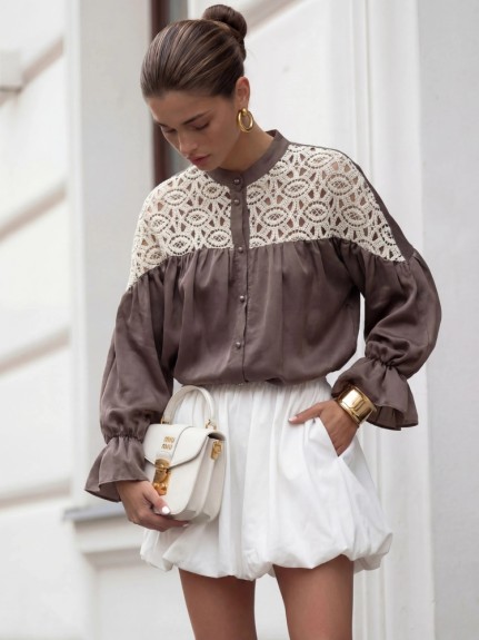 Elegancka bluzka damska koszula z koronką brązowa Cocomore