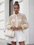 Elegancka bluzka damska koszula z koronką kremowa Cocomore
