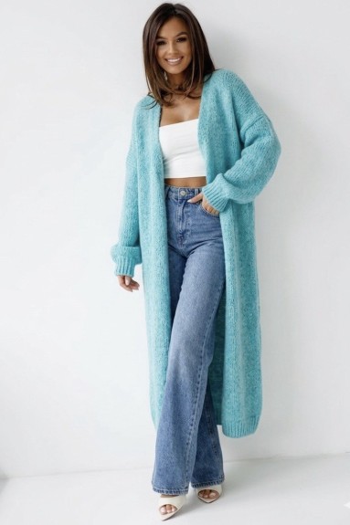 Morski długi kardigan damski z wełny i moheru Madame Sue