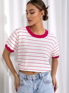 Sweter damski z krótkim rękawem w paski Cocomore amarantowy