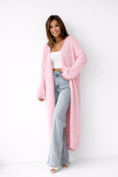 Jasnoróżowy długi kardigan damski z wełny i moheru Madame Sue