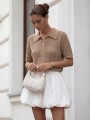 Ażurowy sweter damski premium POLO Yarn karmelowy