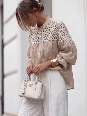 Elegancka bluzka damska koszula z koronką beżowa Cocomore