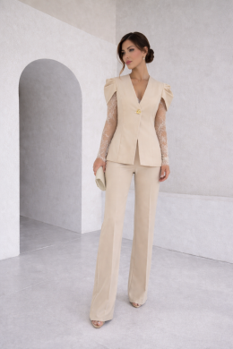 Komplet garnitur damski marynarka i spodnie beżowy