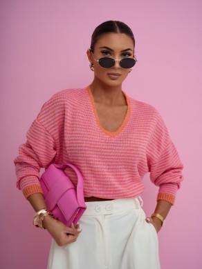 Kolorowy sweter v-dekolt w paski Me Gusta pomarańczowy