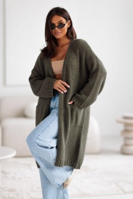 Długi kardigan damski oversize z kieszeniami Madame Sue khaki