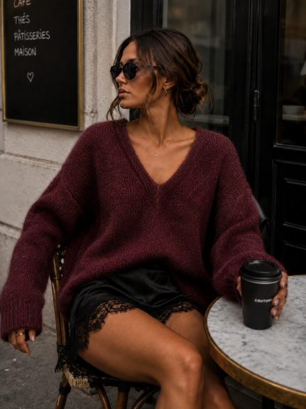 Sweter damski premium z alpaki suri Yarn bordowy