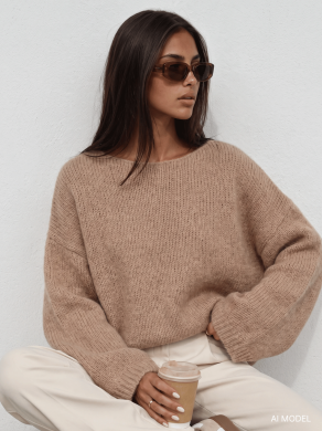 Sweter damski w łódkę z alpaki suri Yarn beżowy