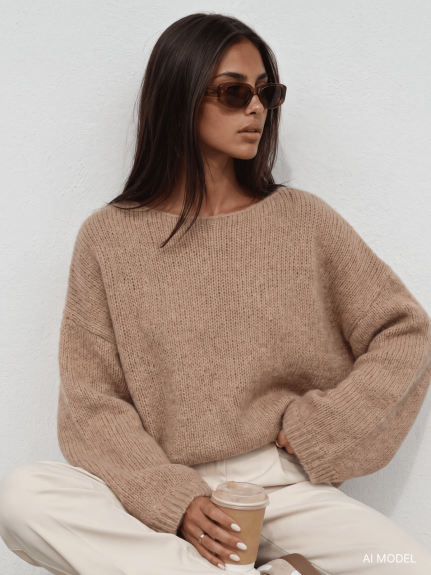 Sweter damski w łódkę z alpaki suri Yarn beżowy