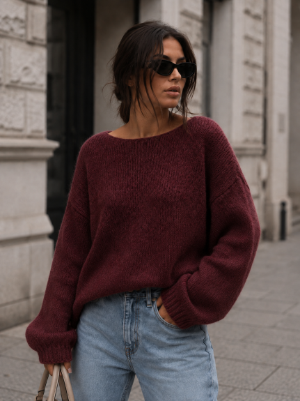 Sweter damski w łódkę z alpaki suri Yarn bordowy