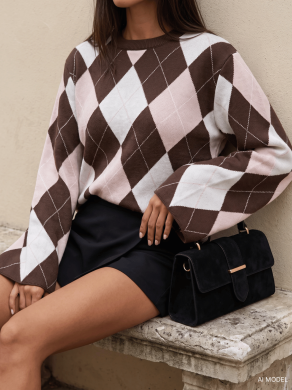 Sweter damski oversize w romby brązowo-różowy Cocomore