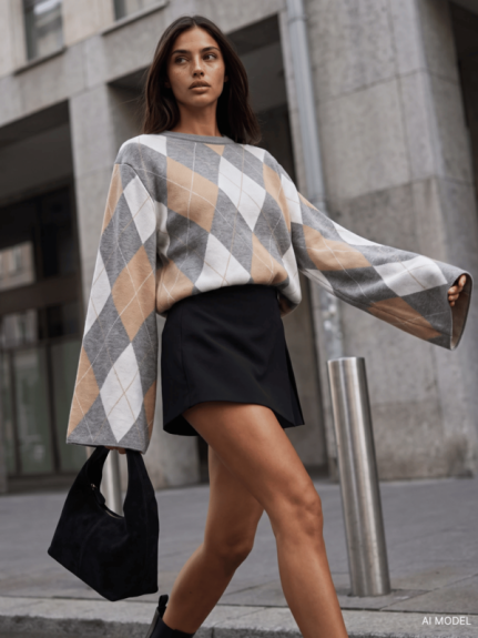 Sweter damski oversize w romby szaro-beżowy Cocomore