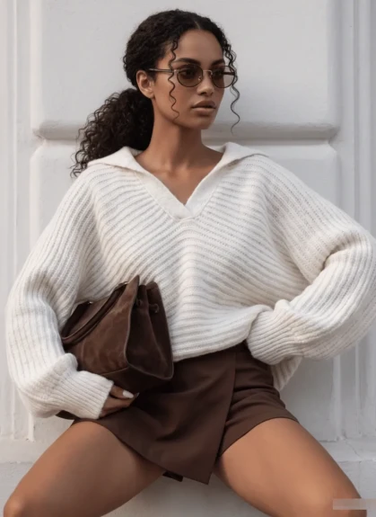 Sweter damski oversize z kołnierzem i dekoltem V Cocomore śmietankowy