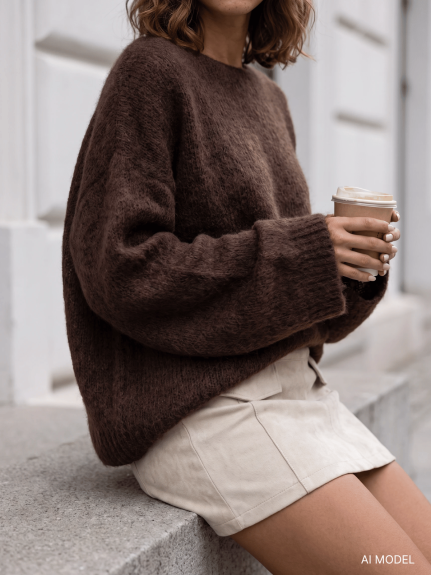 Sweter damski w łódkę z alpaki suri Yarn czekoladowy